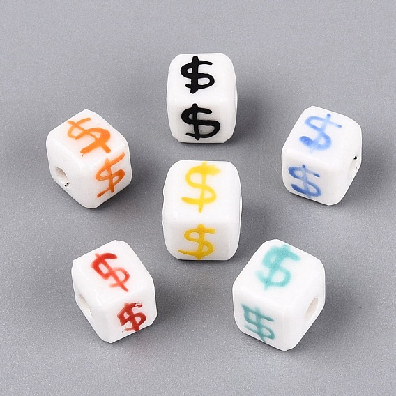 Cuentas de porcelana hechas a mano, pintado a mano, famille porcelana rosa, cubo y símbolo de dólar