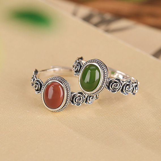 Овальные кольца на палец из натуральных драгоценных камней, роза 925 регулируемые кольца из стерлингового серебра, античное серебро
