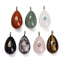 Natural Gemstone Pendants, Teardrop Charms, with Brass Pave Cubic Zirconia Findings, Golden