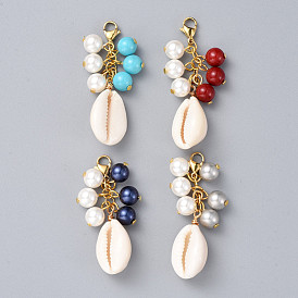 Cowrie Shell Big Pendants, with Shell Pearl Beads, Stainless Steel Lobster Claw Clasps and Iron Head Pins, Golden