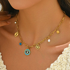 Элегантная классика 201 ожерелья с подвеской из нержавеющей стали с эмалью глубокого небесно-голубого цвета с символом сглаза для женщин