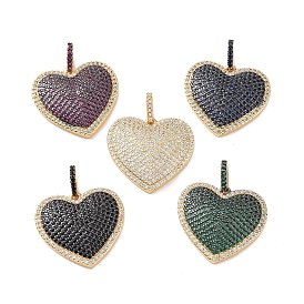 Heart Brass Micro Pave Cubic Zirconia Pendants, Cadmium Free & Nickel Free & Lead Free, Real 18K Gold Plated