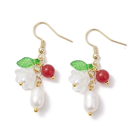Natural Cultured Freshwater Pearl Dangle Earrings, Flower Glass & 304 Stainless Steel Earrings for Women