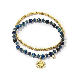 2 pcs 2 ensemble de bracelets extensibles en perles de lapis-lazuli naturel de style, bracelets empilables avec placage ionique (ip) 304 breloques soleil en acier inoxydable