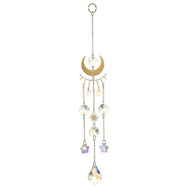 Glass Teardrop/Star Pendant Decorations, Hanging Suncatchers, with Brass Moon and Glass Octagon Link, for Home Decorations
