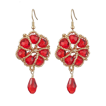 Boucles d'oreilles pendantes en fil de cuivre et pendentifs en verre, fleur