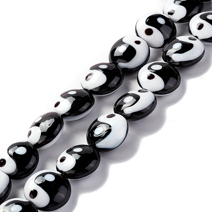 Handmade Lampwork Beads Strands, Flat Round with Yin Yang Pattern