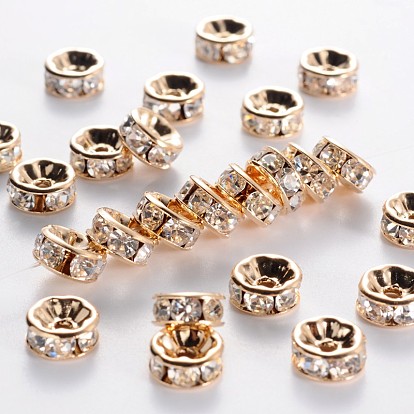 Brass Rhinestone Spacer Beads, Grade AAA, Straight Flange, Nickel Free, Light Gold Metal Color, Rondelle, 8x3.8mm, Hole: 1.5mm