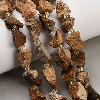 Raw Rough Natural Picture Jasper Beads Strands, Nuggets, with Seed Beads