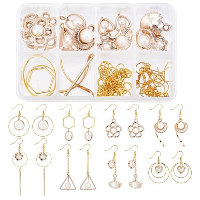 Pendentifs en plastique imitation perle abs, avec des résultats acryliques de placage UV, anneaux de liaison en alliage et laiton, chaînes de câble en laiton et crochets pour boucles d'oreilles