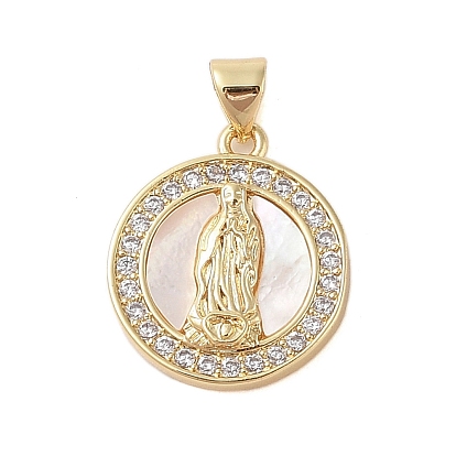 Brass Micro Pave Clear Cubic Zirconia Pendants, with Shell, Cadmium Free & Lead Free, Flat Round with Avalokitesvara