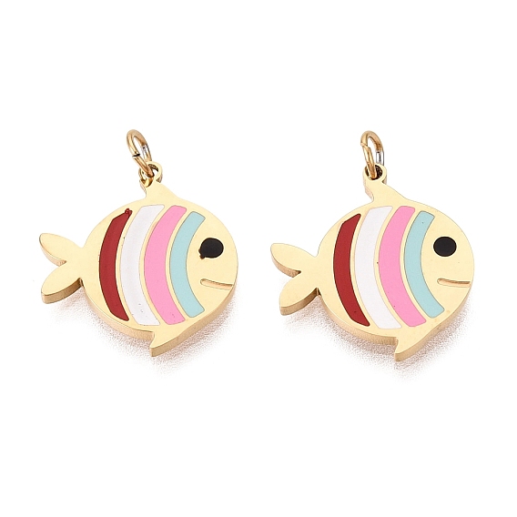 304 Stainless Steel Enamel Pendants, Fish Charms, Ion Plating(IP), Long-Lasting Plated, Golden