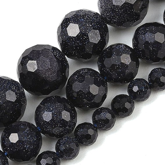 Synthetic Blue Goldstone Beads Strands, Round, Faceted