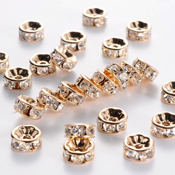 Brass Rhinestone Spacer Beads, Grade AAA, Straight Flange, Nickel Free, Light Gold Metal Color, Rondelle, 8x3.8mm, Hole: 1.5mm