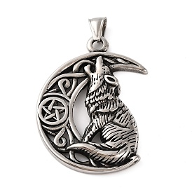 316 Surgical Stainless Steel Big Pendants, Moon with Howling Wolf Charms