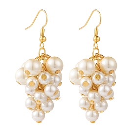 Glass Pearl Bead Cluster Earrings, with Golden Plated Brass Earring Hooks, Seashell Color, 50mm, Pin: 0.5mm