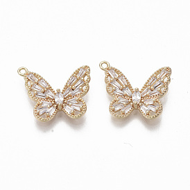 Brass Micro Pave Cubic Zirconia Pendants, Nickel Free, Butterfly, Real 18K Gold Plated