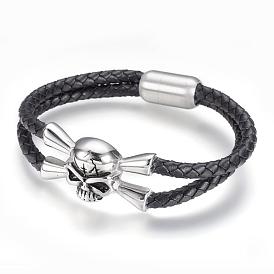 Braided Multi-strand Leather Cord Bracelets, with 304 Stainless Steel Findings and Magnetic Clasps, Skull