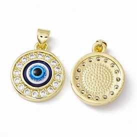 Rack Plating Brass Micro Pave Clear Cubic Zirconia Pendants, with Enamel, Long-Lasting Plated, Cadmium Free & Lead Free, Flat Round with Evil Eye