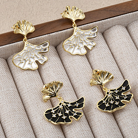 Ginkgo Leaf Brass Pave Clear Cubic Zirconia Stud Dangle Stud Earrings for Women, Real 14K Gold Plated, with Enamel