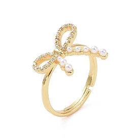 Brass Micro Pave Cubic Zirconia Adjustable Rings, Bowknot with Plastic Imitation Pearl Rings for Women