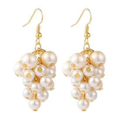 Glass Pearl Bead Cluster Earrings, with Golden Plated Brass Earring Hooks, Seashell Color, 50mm, Pin: 0.5mm
