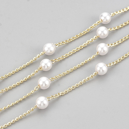 Handmade ABS Plastic Imitation Pearl Beaded Chains, Soldered, with Spool, with Brass Findings, Round, Creamy White