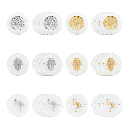 36Pcs 6 Style Freshwater Shell Links Connectors, Flat Round with Tree & Hamsa Hand & Flamingo Pattern