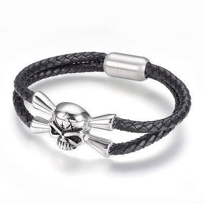 Braided Multi-strand Leather Cord Bracelets, with 304 Stainless Steel Findings and Magnetic Clasps, Skull
