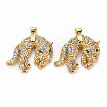 Brass Micro Pave Clear Cubic Zirconia Pendants, Nickel Free, Leopard