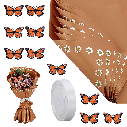 25Sheets Flower Wrapping Paper, Square, 1Bag PVC Butterfly Wall Sticker, 1Roll Single Face Satin Ribbon