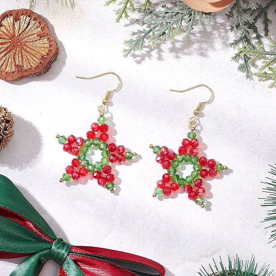 Гальванизированные стеклянные бусины звезды серьги-подвески, с  латунными крючками для серег, Новогодняя тема