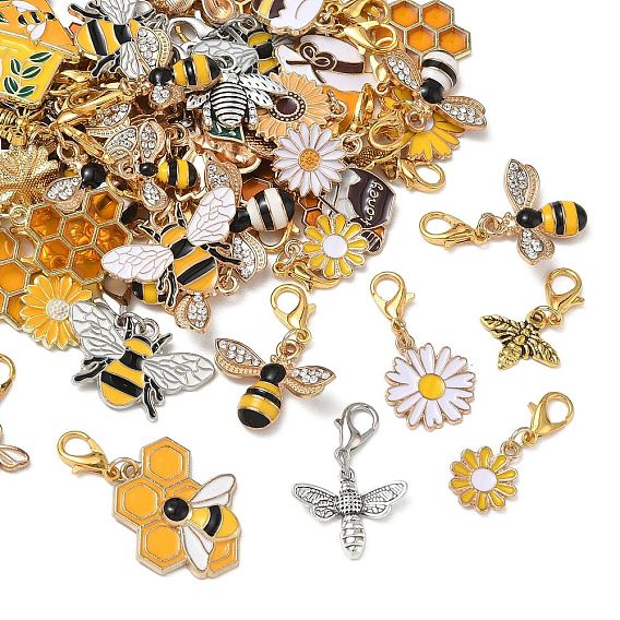 55 décorations de pendentifs en alliage pcs, avec fermoir pince de homard, abeilles & fleur, platine et d'or