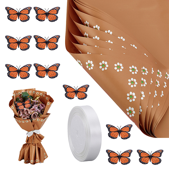 25Sheets Flower Wrapping Paper, Square, 1Bag PVC Butterfly Wall Sticker, 1Roll Single Face Satin Ribbon