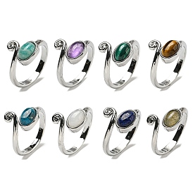 Natural Gemstone Adjustable Rings, with Platinum Brass Findings, Long-Lasting Plated, Jewely for Women, Oval