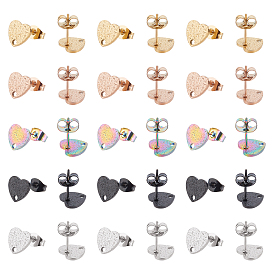 30Pcs 5 Colors Ion Plating(IP) 304 Stainless Steel Stud Earring Findings, with Ear Nuts, Textured Heart