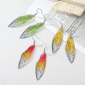 Exaggerated Gold Foil Butterfly Wing Earrings with Colorful Resin Feather Pendant