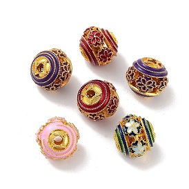 Alloy Enamel Beads, Round with Flower, Golden