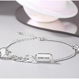 Rhodium Plated 925 Sterling Silver Word Love Link Bracelet with Heart Charms for Lovers