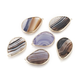 Natural Banded Agate/Striped Agate Pendants, with Light Gold Plated Brass Edge, Dyed, Teardrop, Faceted