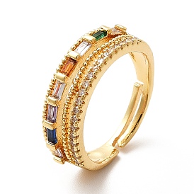 Colorful Glass Rectangle & Cubic Zirconia Adjustable Ring, Brass Jewelry for Women