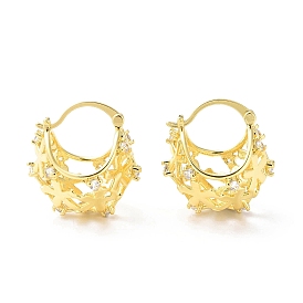 Clear Cubic Zirconia Flower Hollow Thick Hoop Earrings, Brass Jewelry for Women