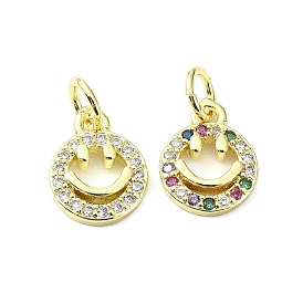 Brass Micro Pave Cubic Zirconia Pendants, with Jump Ring, Real 18K Gold Plated, Flat Round with Smiling Face Charm