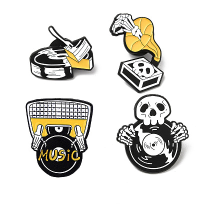 Punk Style Skull & Phonograph Record Enamel Pins, Black Alloy Brooch for Halloween
