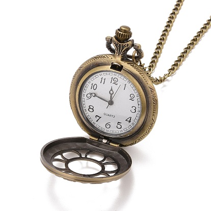Ретро сплава открываться кварц карманные часы кулон ожерелье, с железными цепочками, 30.7~32.3 дюйм, Циферблат часов: 50~52.5x39~40x13~15.5 мм, лицо часов : 28 мм