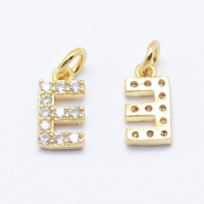 Brass Micro Pave Grade AAA Cubic Zirconia Charms, Letter E, Cadmium Free & Nickel Free & Lead Free
