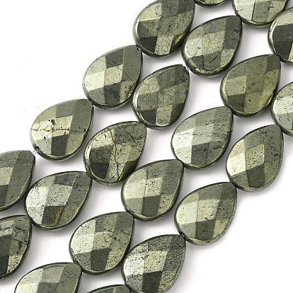 Natural Pyrite Beads Strands, Faceted Flat Teardrop