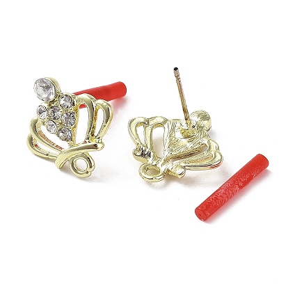 Rack Plating Golden Alloy Stud Earrings Finding, with Rhinestone & Horizontal Loops and 304 Stainless Steel Pin, Crown, Cadmium Free & Nickel Free & Lead Free