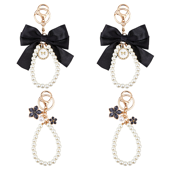 4 шт. 2 стили брелки с подвеской в виде цветка из сплава и ткани с бантом, с пластиковой бусинкой, имитирующей жемчуг