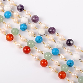 Redondas hechas a mano de piedras preciosas perlas de cadenas para collares pulseras hacer, con perlas de vidrio y chapado en color plateado y alfiler de ojo de hierro dorado, sin soldar, 39.3 pulgada